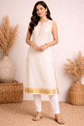 Kasavu Style Kurti – Off White with Gold Border | Elegant Traditional Ethnic Wear