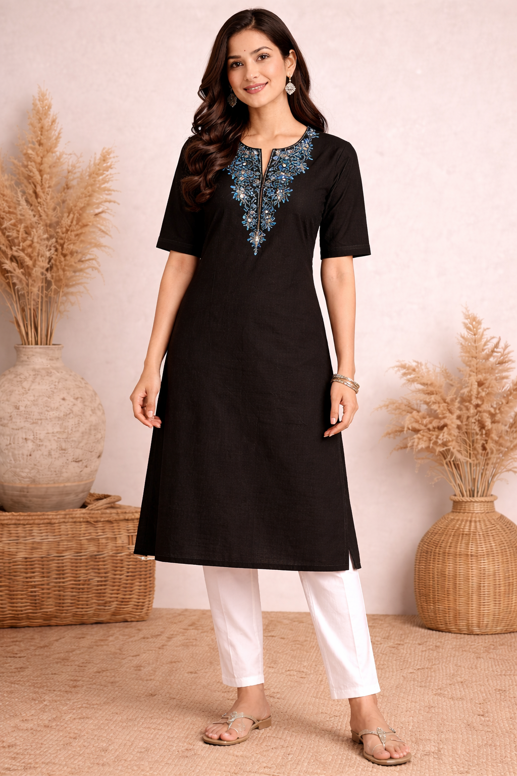 Black Half Sleeve Kurthi with Blue Embroidery | Elegant Cotton Ethnic Wear