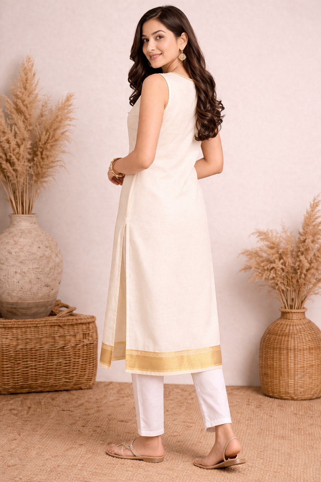 Kasavu Style Kurti – Off White with Gold Border | Elegant Traditional Ethnic Wear