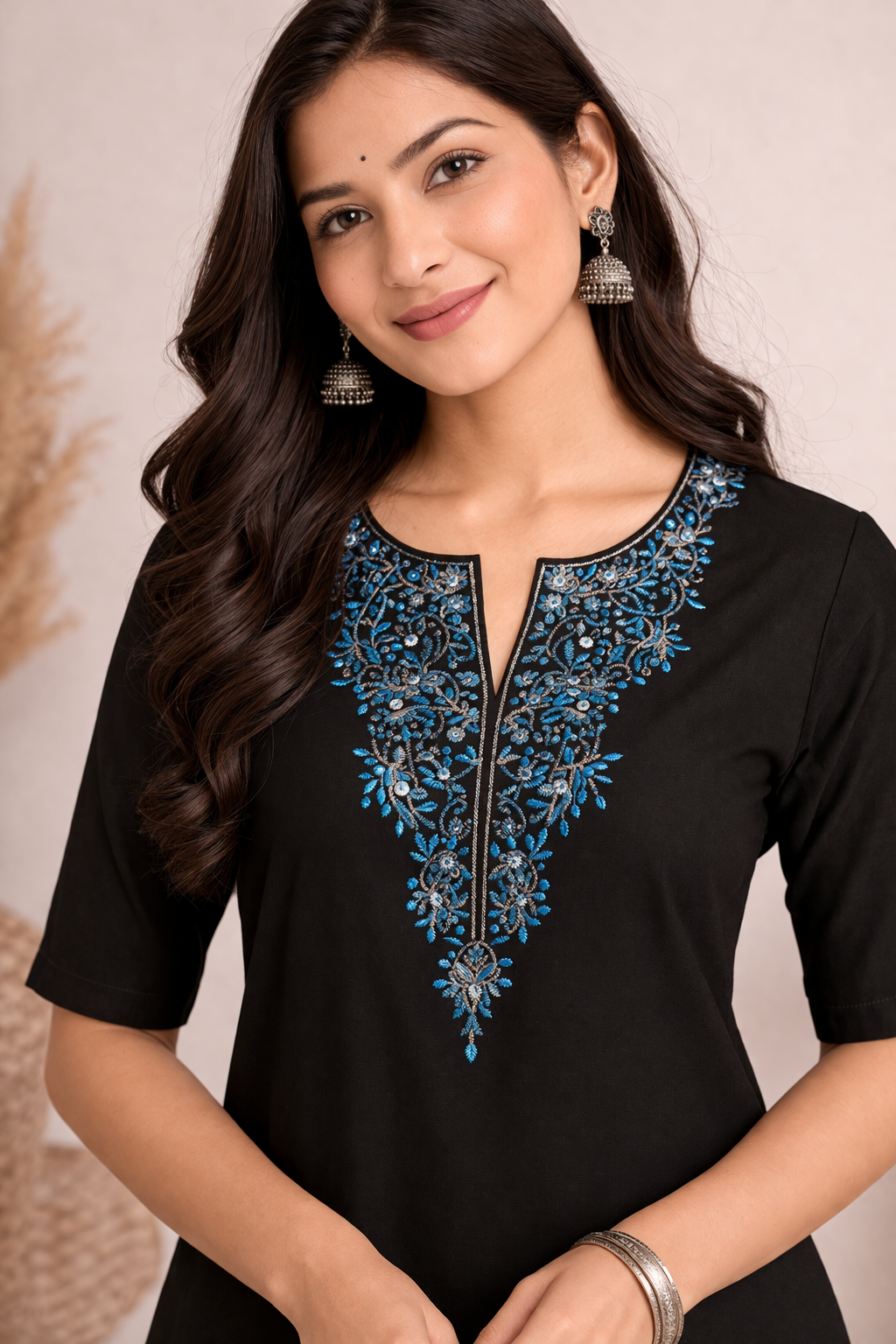 Black Half Sleeve Kurthi with Blue Embroidery | Elegant Cotton Ethnic Wear