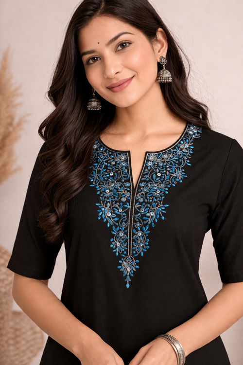Black Half Sleeve Kurthi with Blue Embroidery | Elegant Cotton Ethnic Wear