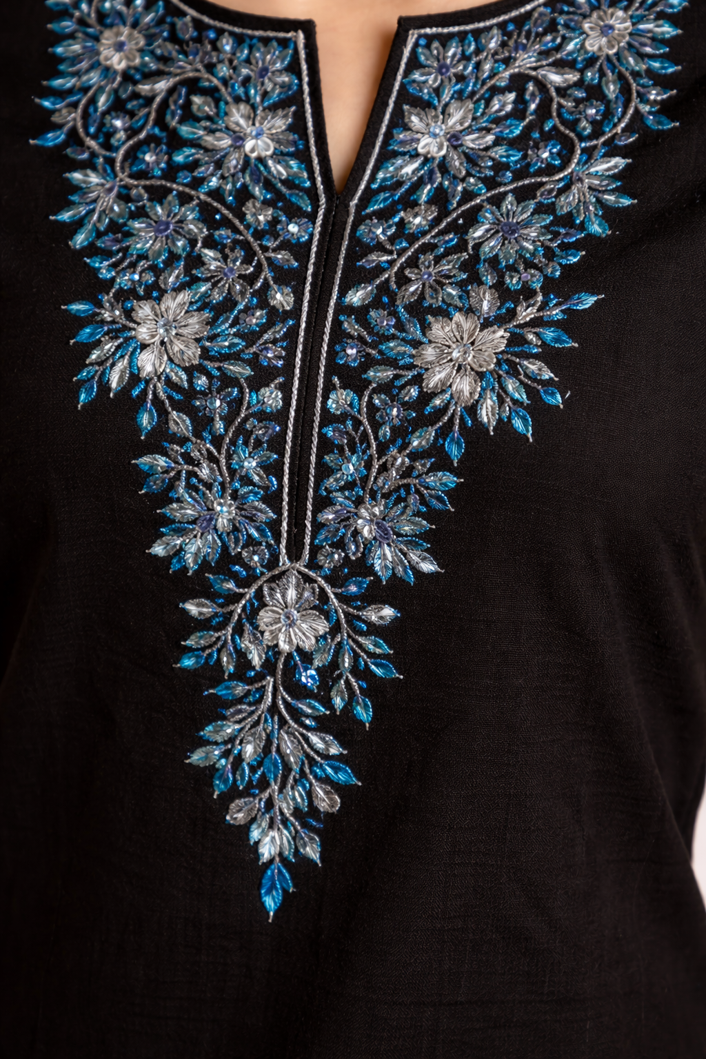 Black Half Sleeve Kurthi with Blue Embroidery | Elegant Cotton Ethnic Wear